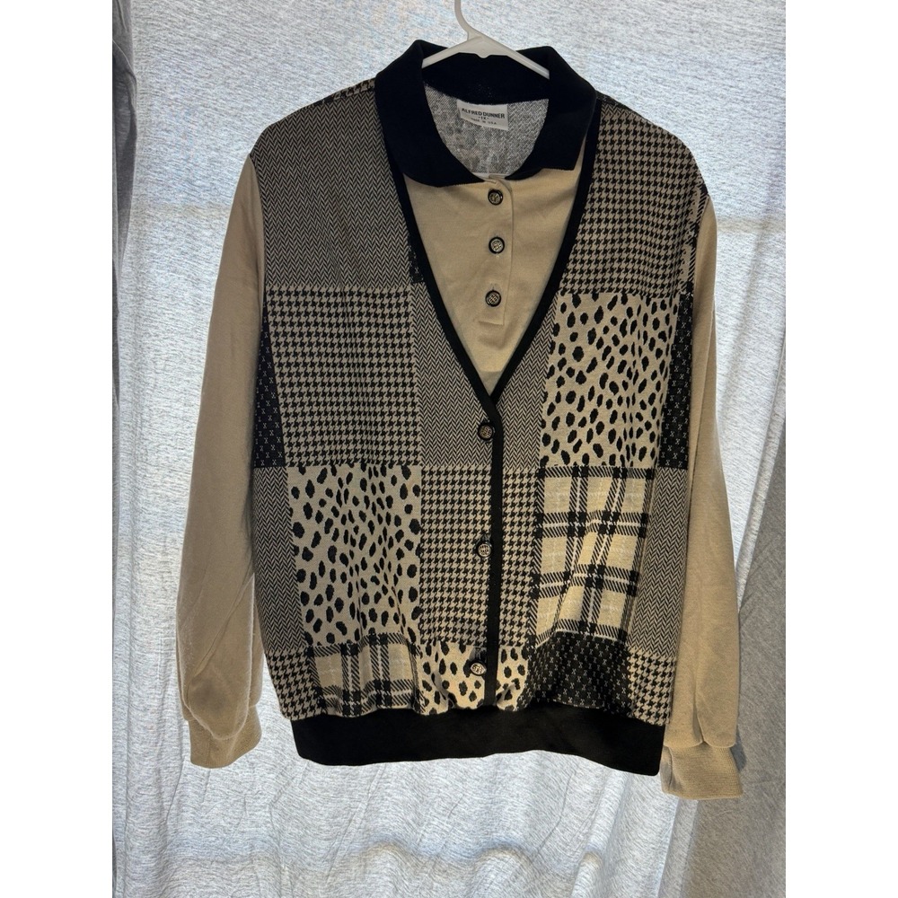 Alfred Dunner 1X Patchwork Cardigan Sweater Beige Black Collared Long Sleeve